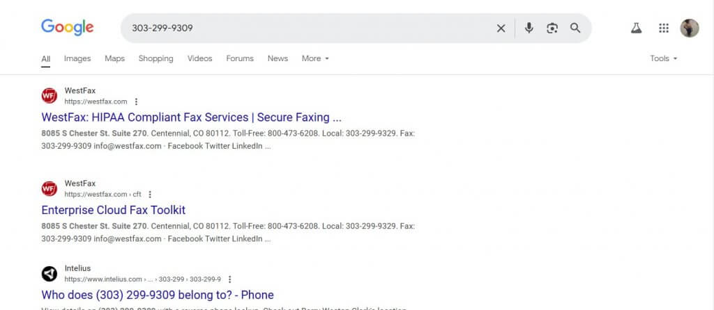 check a fax number on google