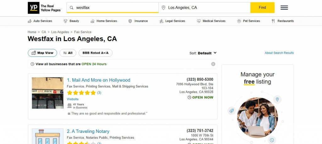 check a fax number on yellowpages