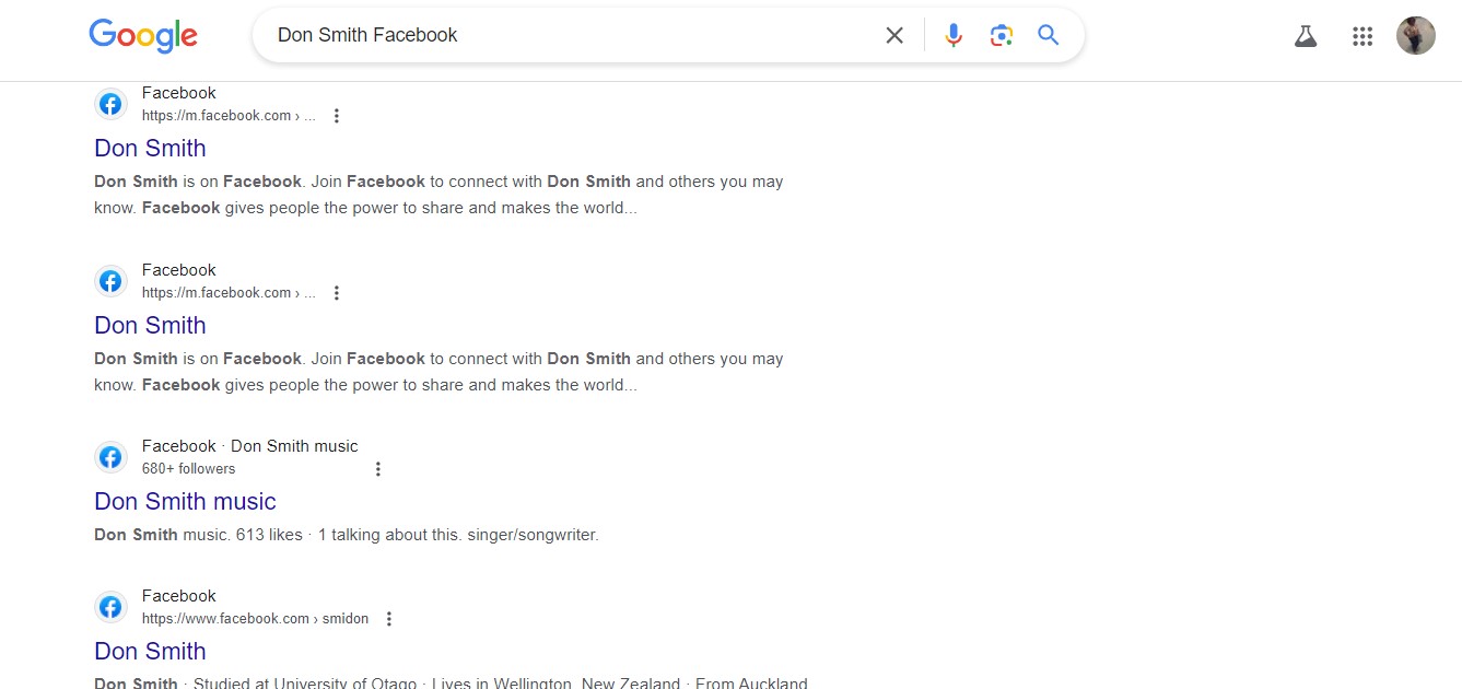 search a facebook user on google