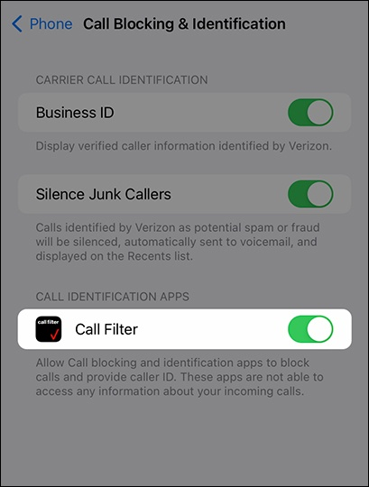 calll filter on Verizon