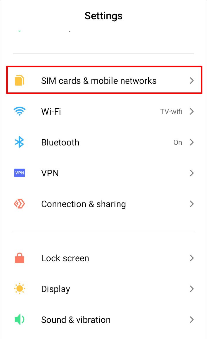 sim cards & mobile networkds on settings