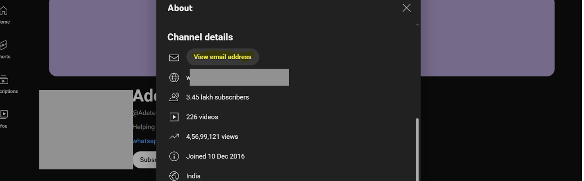 look for the email address of a YouTube subscriber