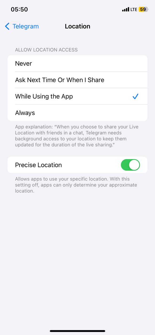 allow location while using telegram