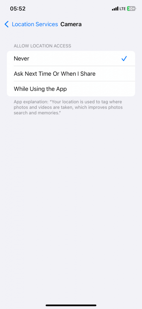 iphone camera disconnect location service