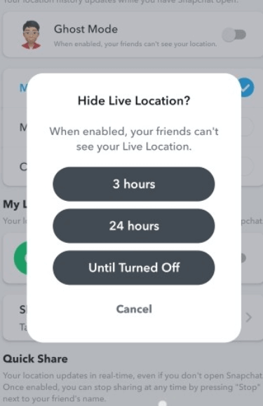 lasted time for hiding my location on snapchat
