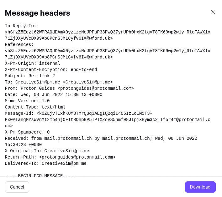 message header on prontonmail
