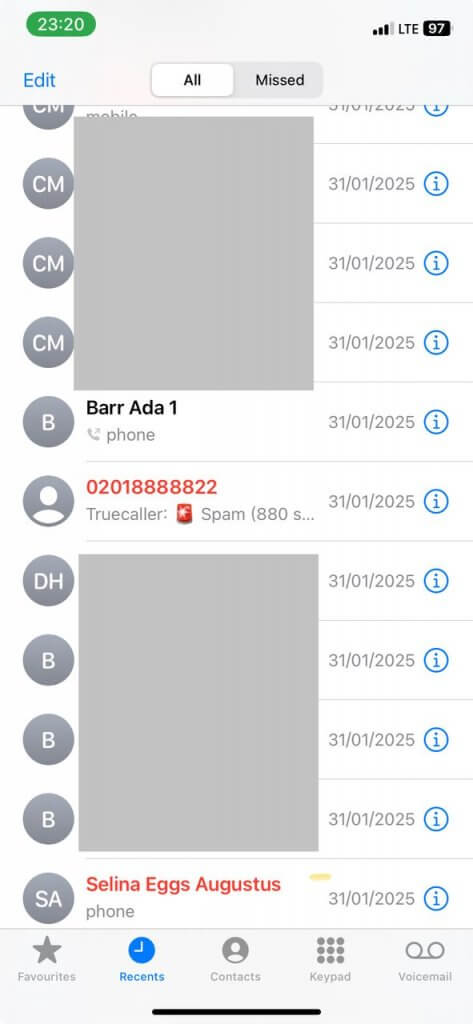 recent calls on phone