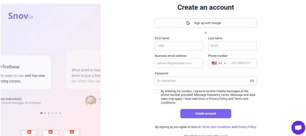 sign up on snov.io