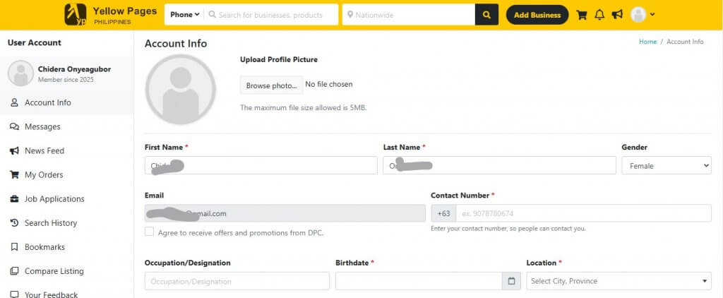 update profile information on yellow pages